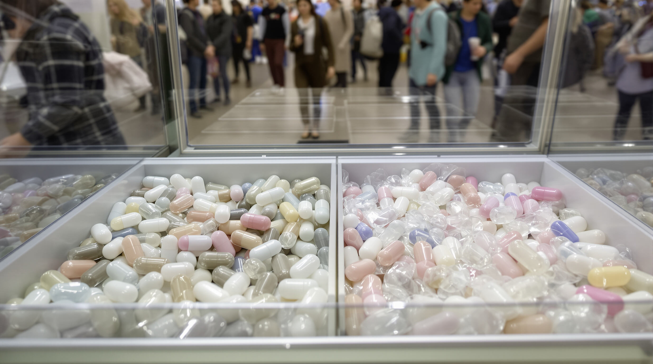 Photorealistic close-up of gashapon machine tray showing undamaged polycarbonate capsules alongside cracked plastic ones in an exhibition setting