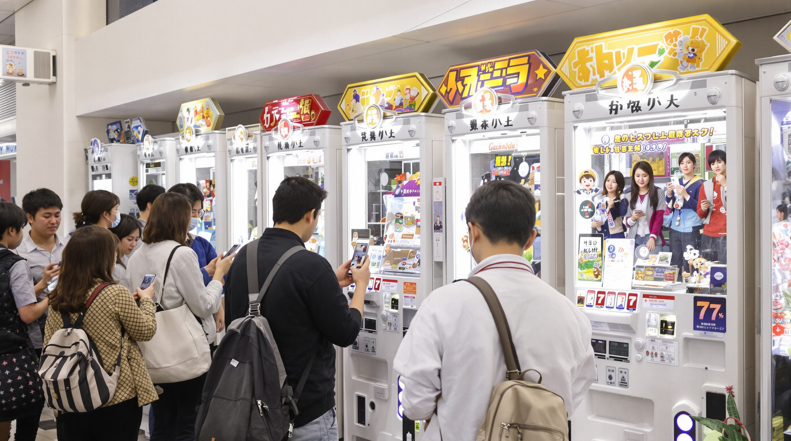 People interacting with gachapon machines and loyalty apps on their smartphones