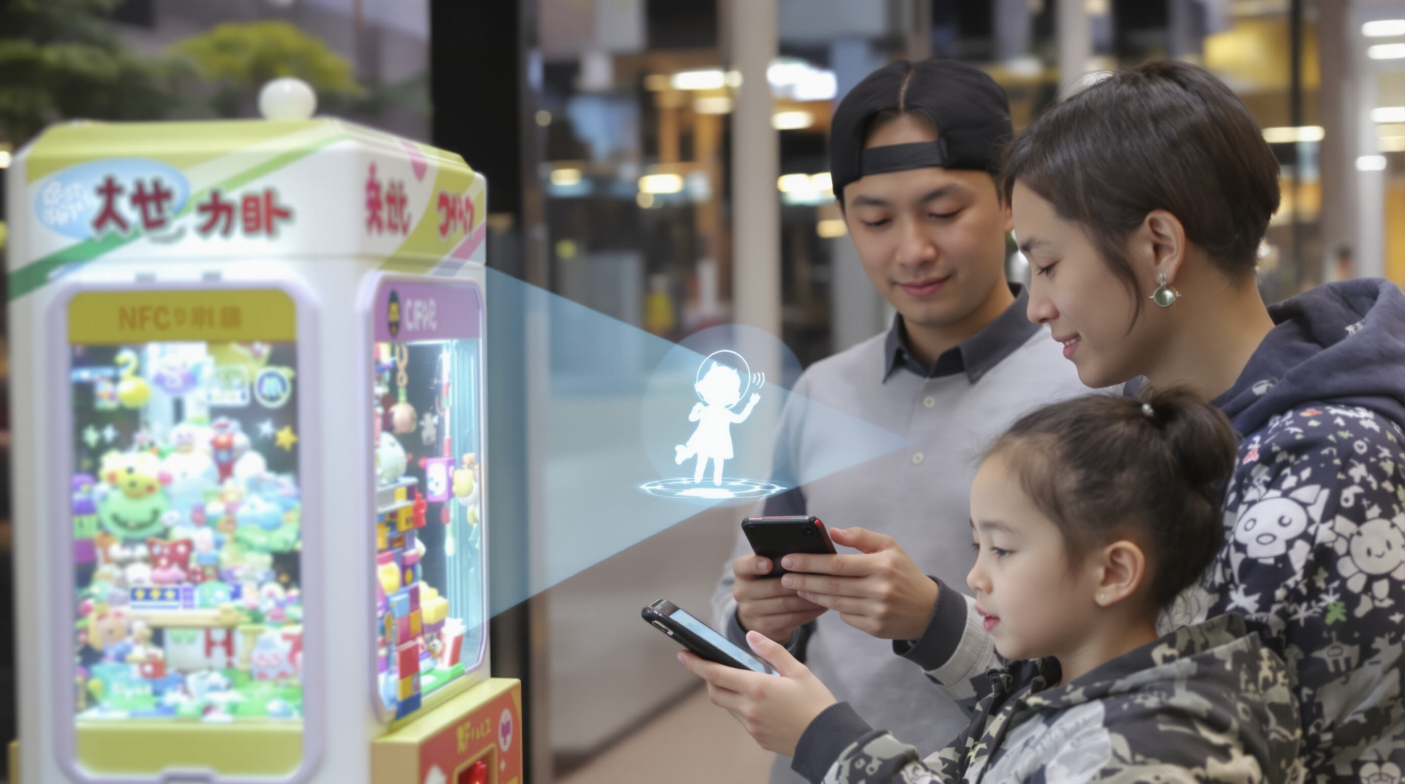 Parent and child using a smartphone to scan a gacha toy, with AR hologram of toy character appearing