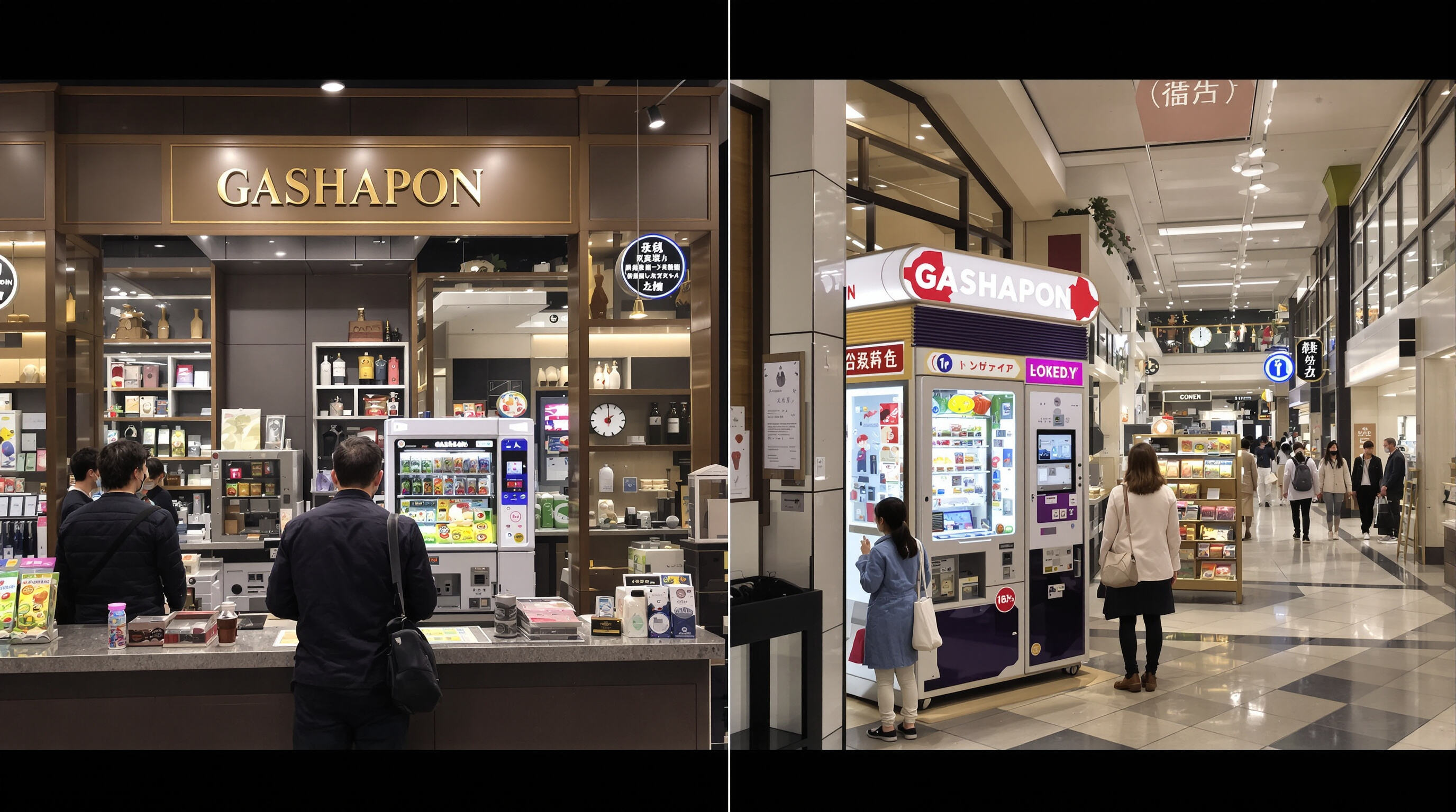 Photoreal scene showing small gashapon machine in a café and a large one in a busy mall environment