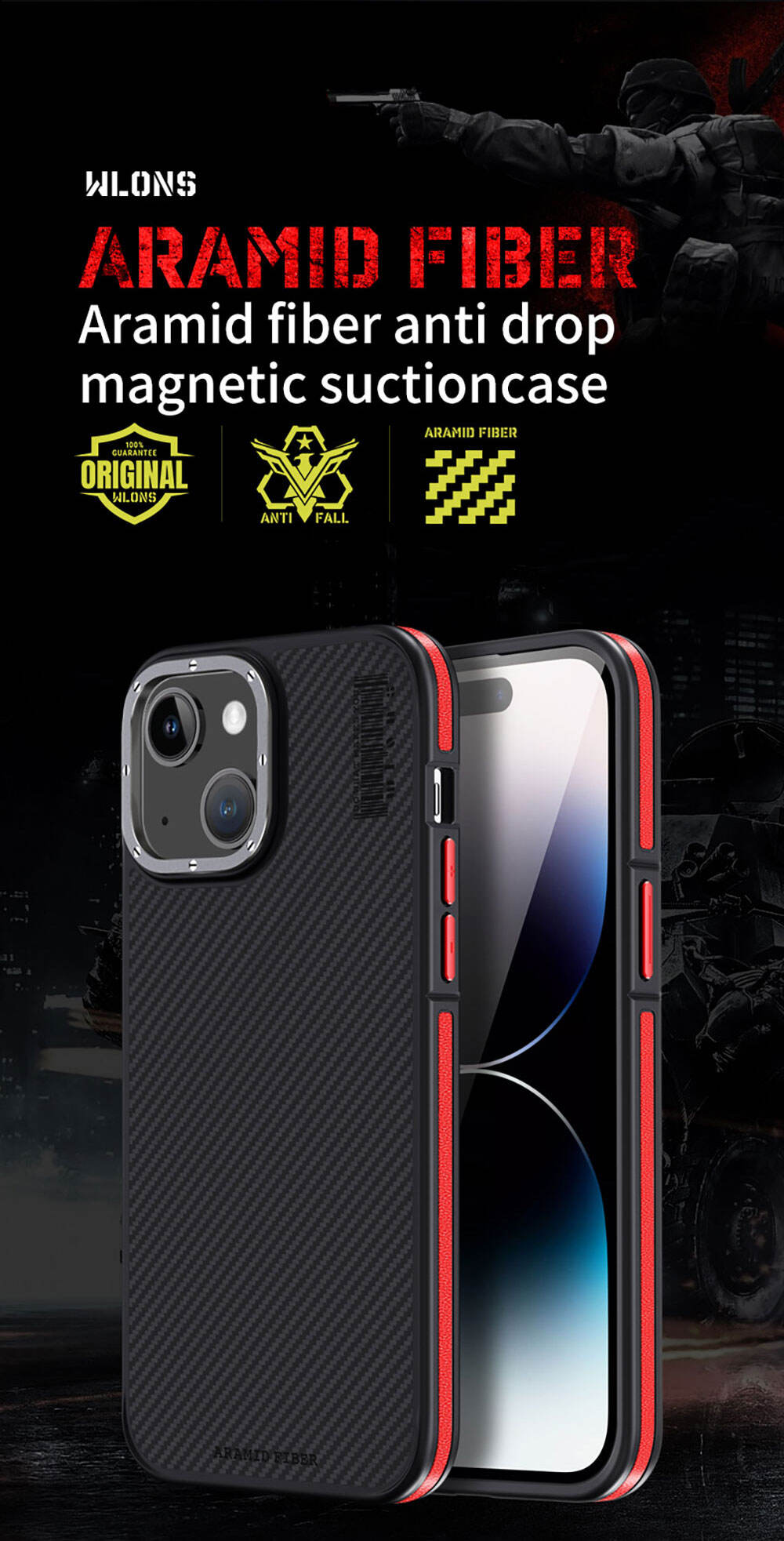 WLONS WLS26 Drop Proof Skin Friendly Carbon Fiber Frosted Suction Mobile Tpu Phone Case For Iphone 15 14 Plus details