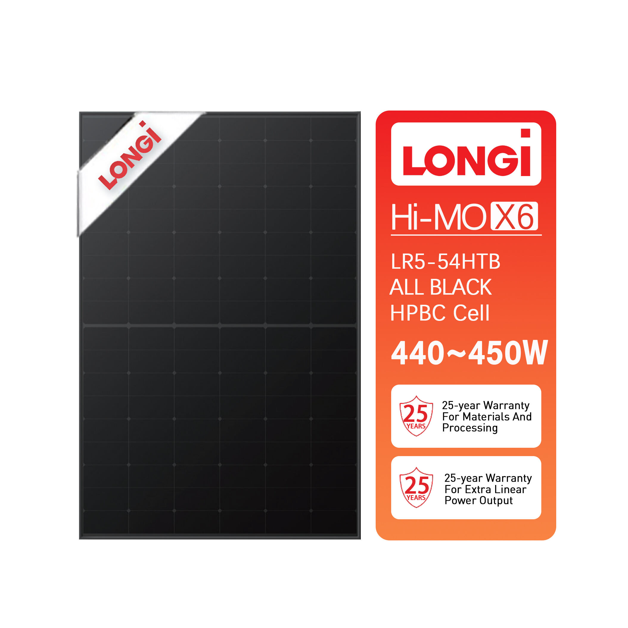 Longi solar panel Himo X6 LR5-54HTB HPBC All Black Mono Facial Module  440W 445W 450W