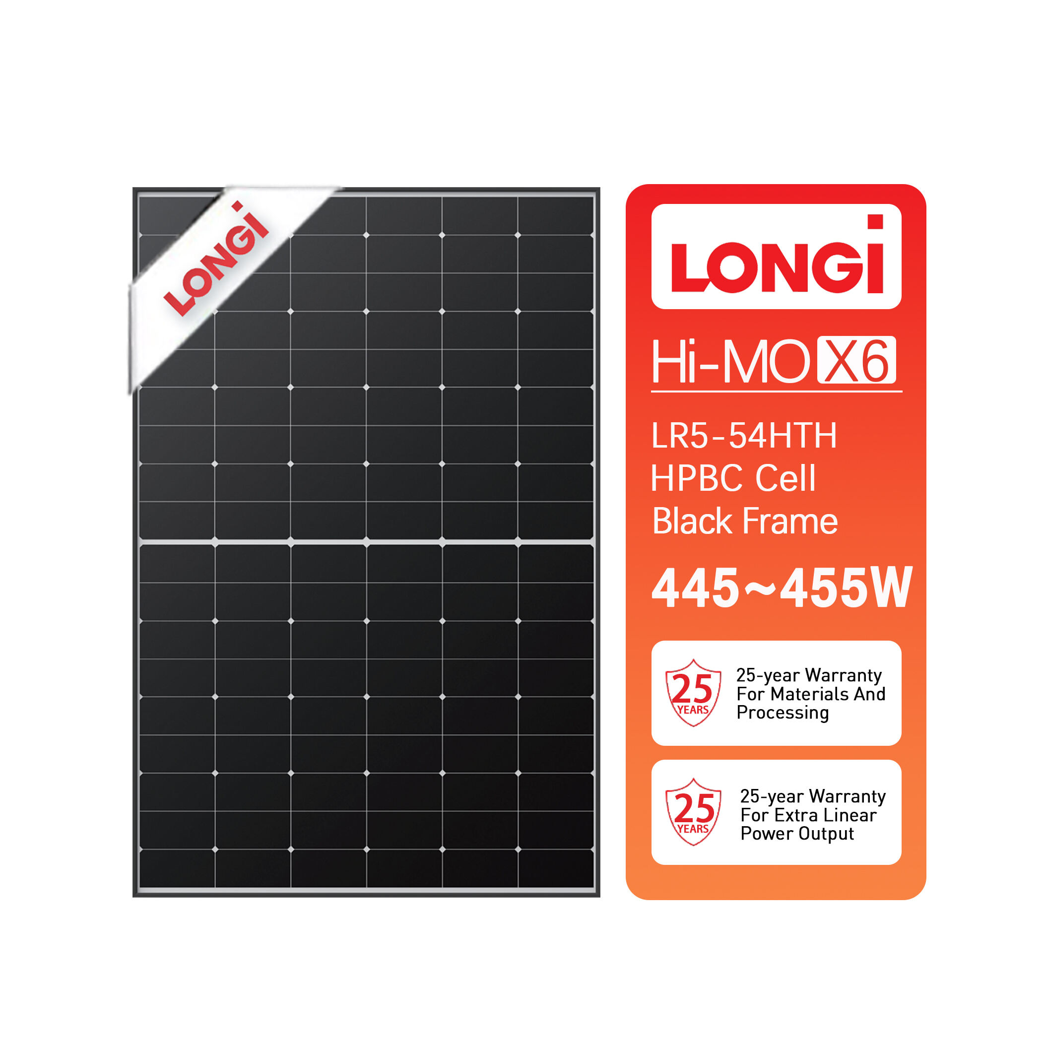 Longi solar panel Himo X6 LR5-54HTH HPBC  Black Frame Mono Facial Module 445W 450W 455W
