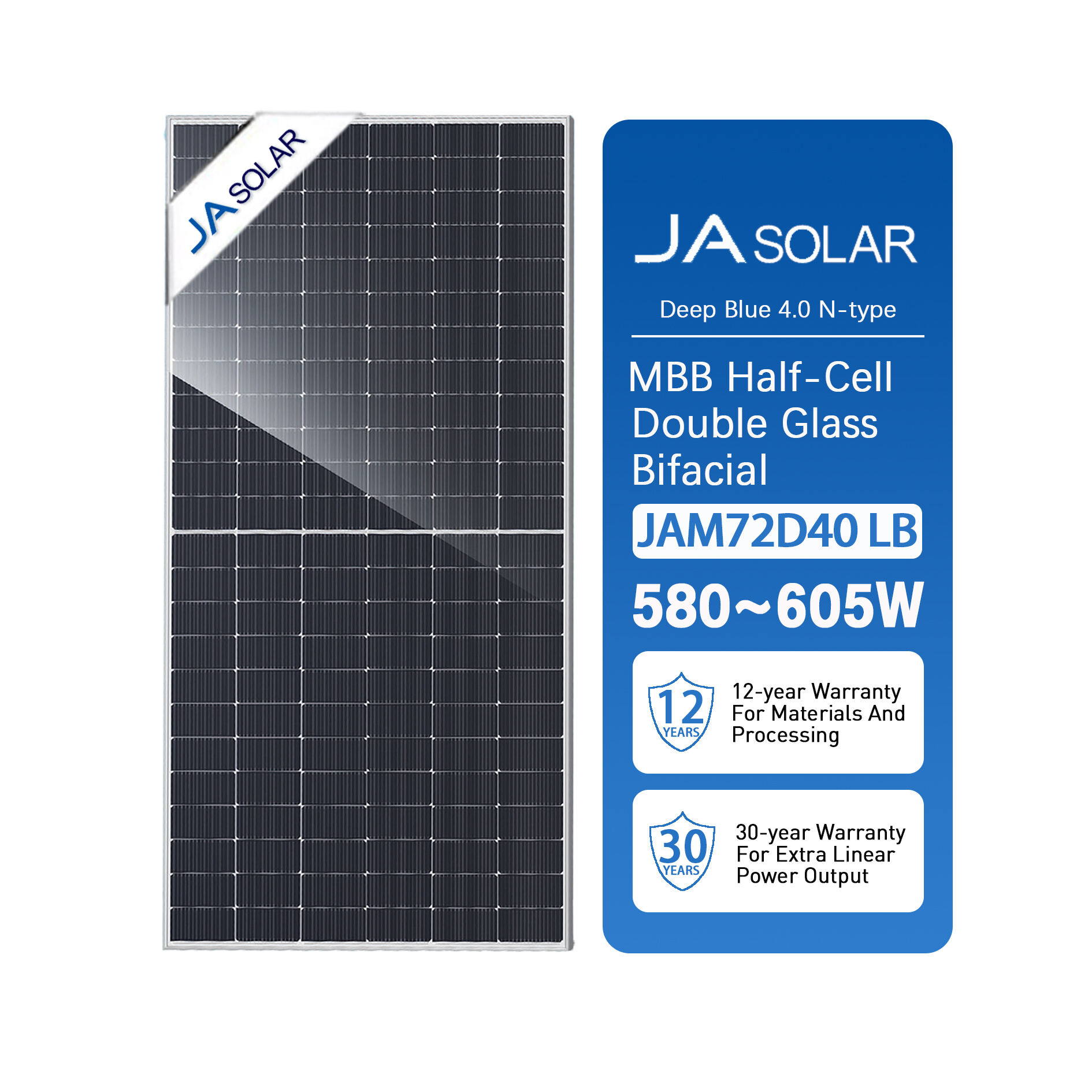 JA solar panel JAM72D40LB n-type Double Glass Bifacial Modules 580W 585W 590W 595W 600W 605W