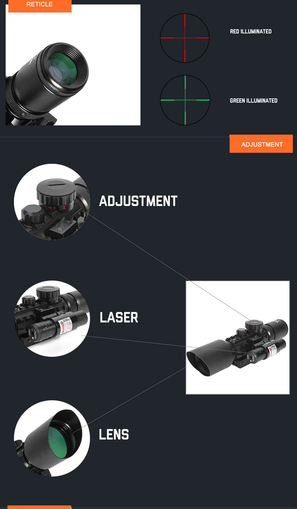 product gluck oem combo m9 optics red green illumination scope 3 10x40 eg hunting sight scope with red dot laser for outdoor activities-4