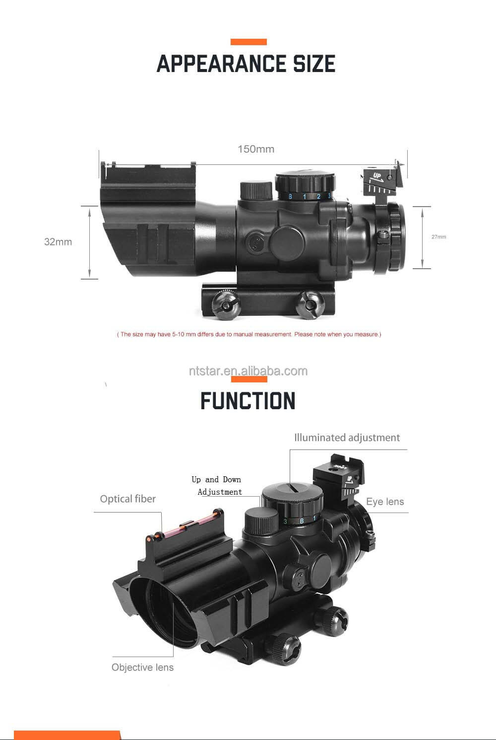 product 4x32 prism tactical scope red green blue illuminated reticle scope with fiber optic sight-2