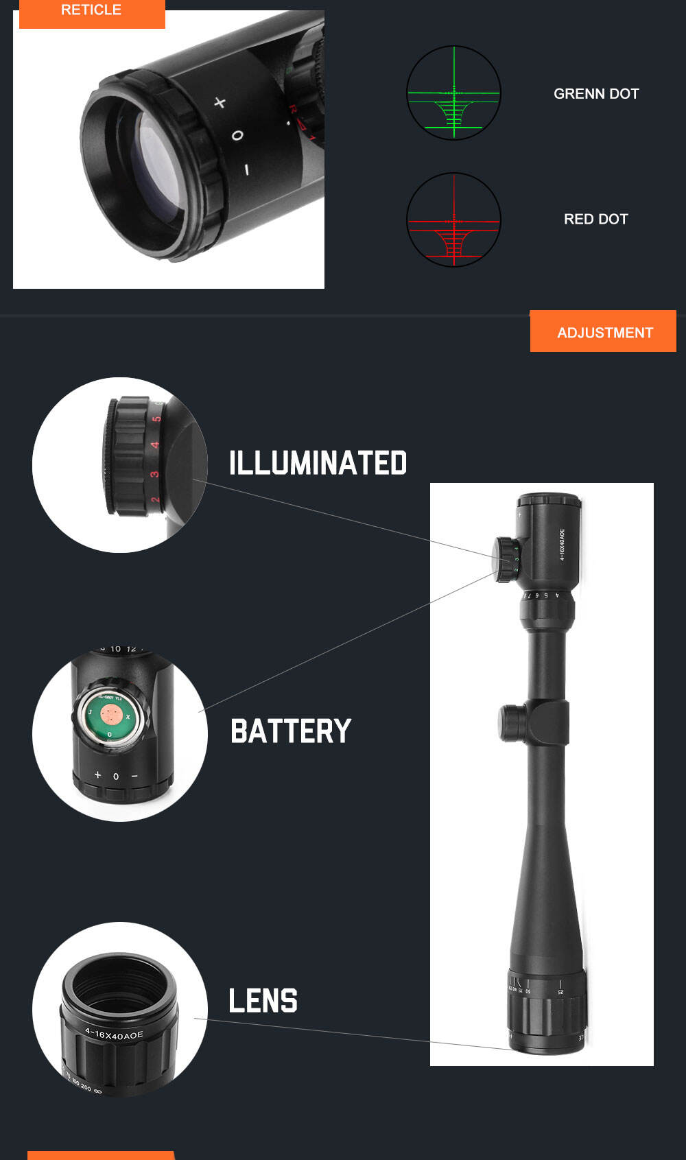 product 4 16x40aoe custom hunting scopes parallax aluminum alloy scopes objective optic scope with good quality for hunting-3