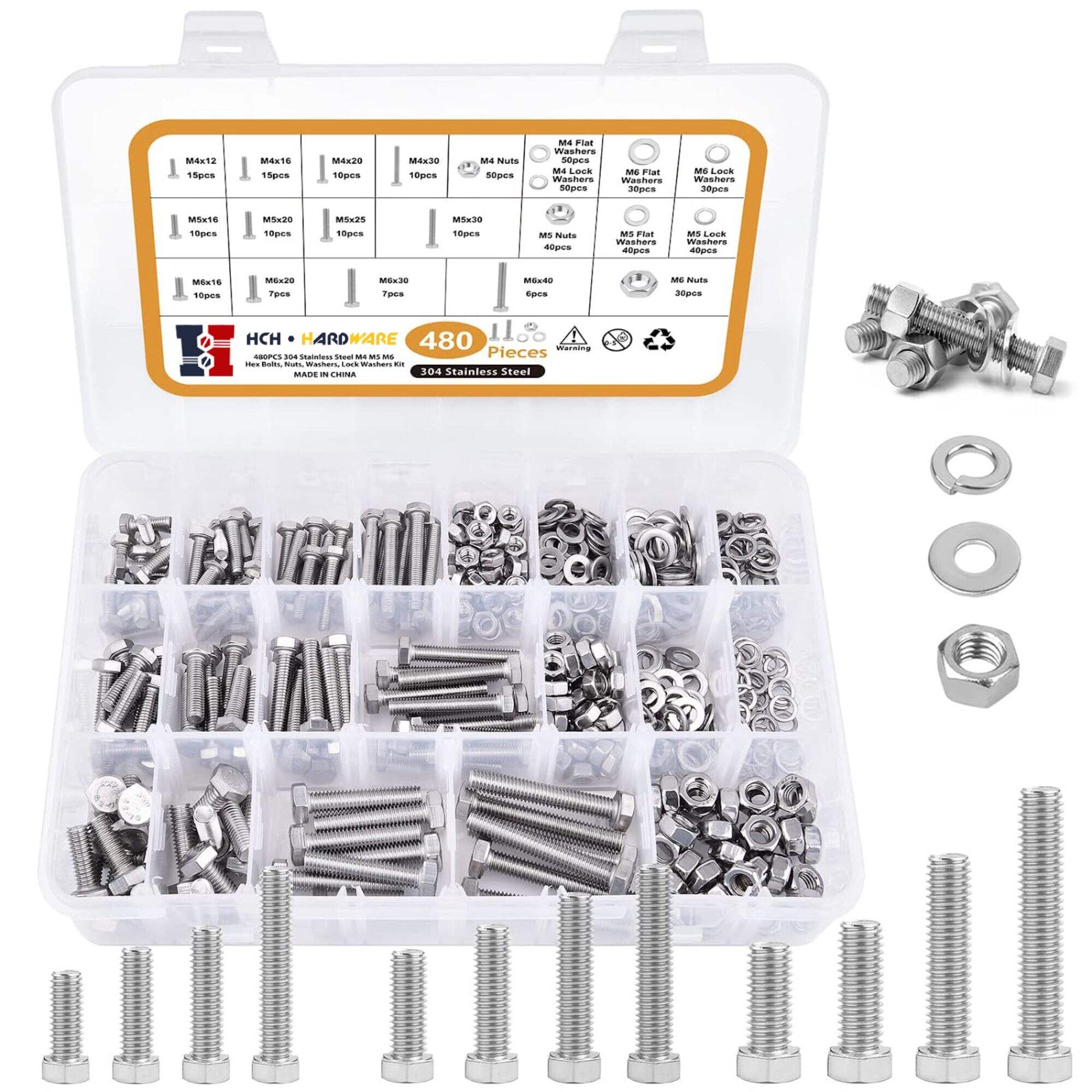 480PCS M4 M5 M6 Bolts and Nuts and Washers fasteners Kit