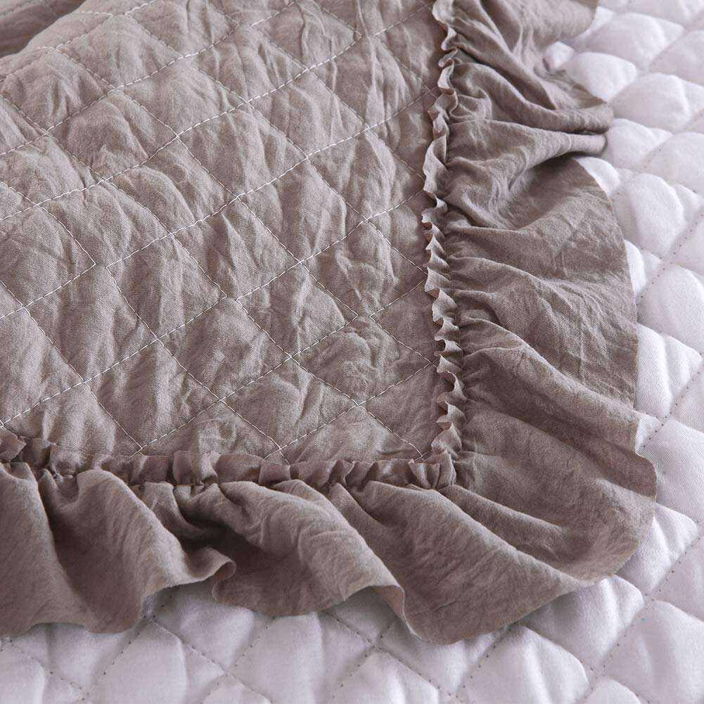 khaki Microfiber Quilt Bedspread Reversible Coverlet Set with Ruffle details