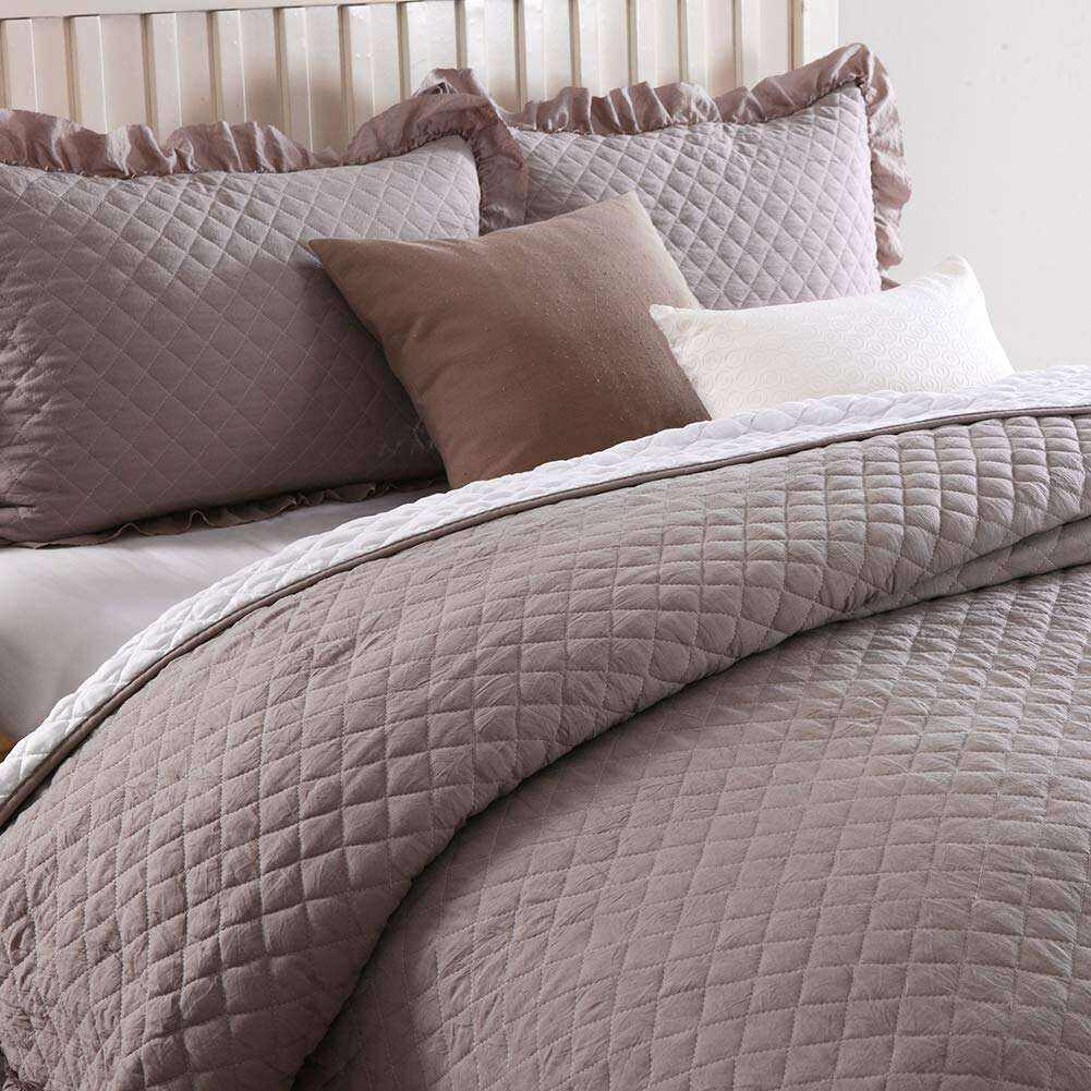 khaki Microfiber Quilt Bedspread Reversible Coverlet Set with Ruffle details