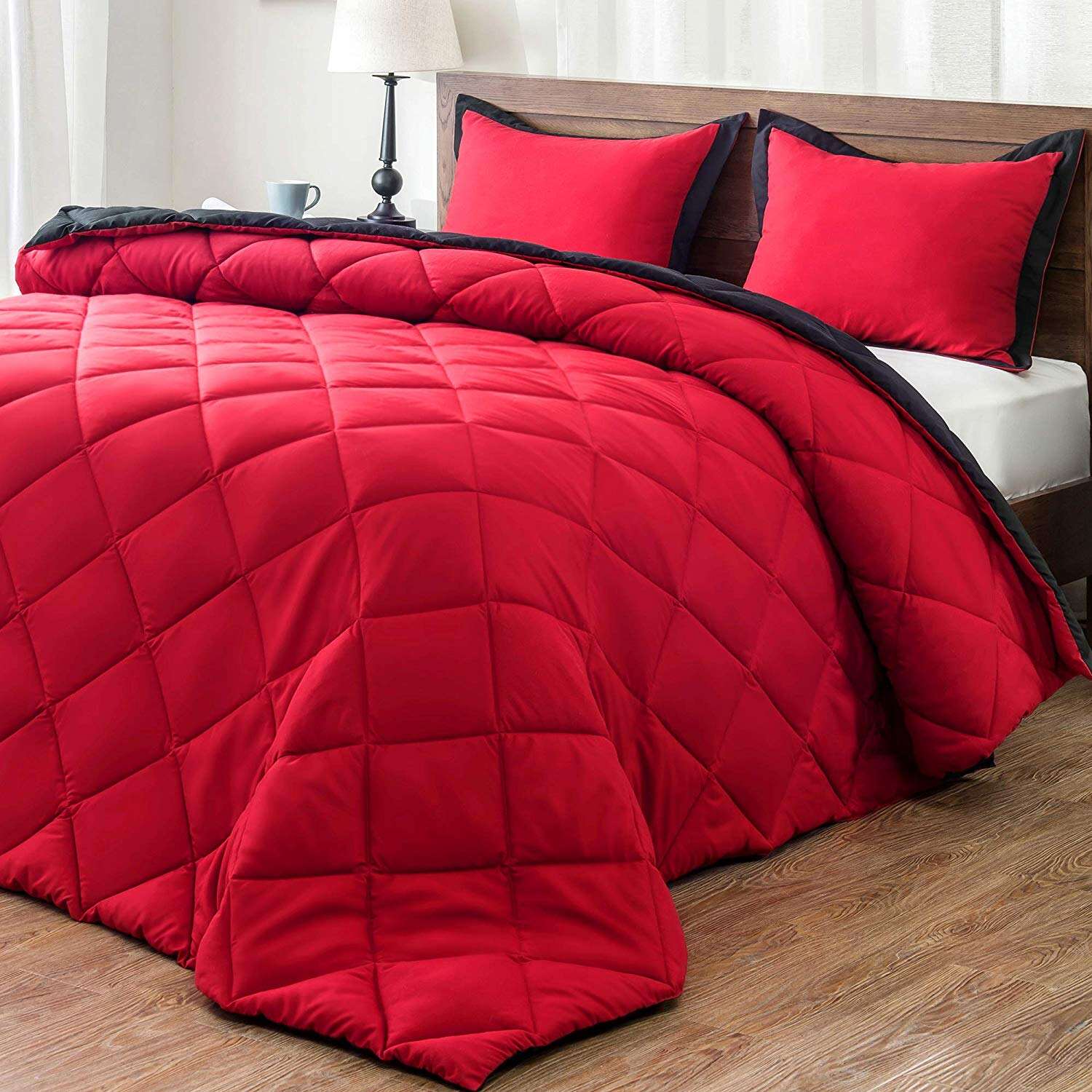 red and blank patchwork solid  polyester microfiber comforter quilt set pillow cover for home and hotel use details