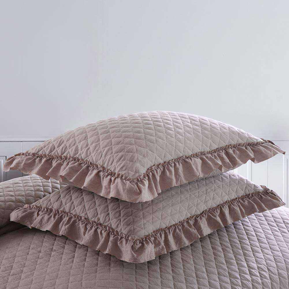 khaki Microfiber Quilt Bedspread Reversible Coverlet Set with Ruffle details