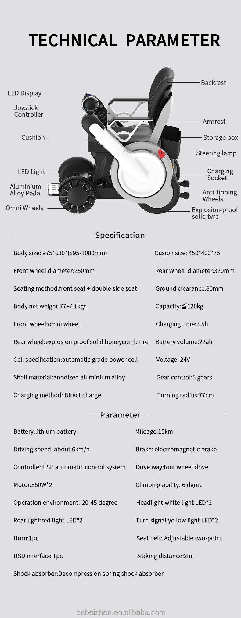 Electronic wheelchair large capacity lithium battery long driving range 10AH-70AH straight handrail smart wheelchair -BZ-IF supplier