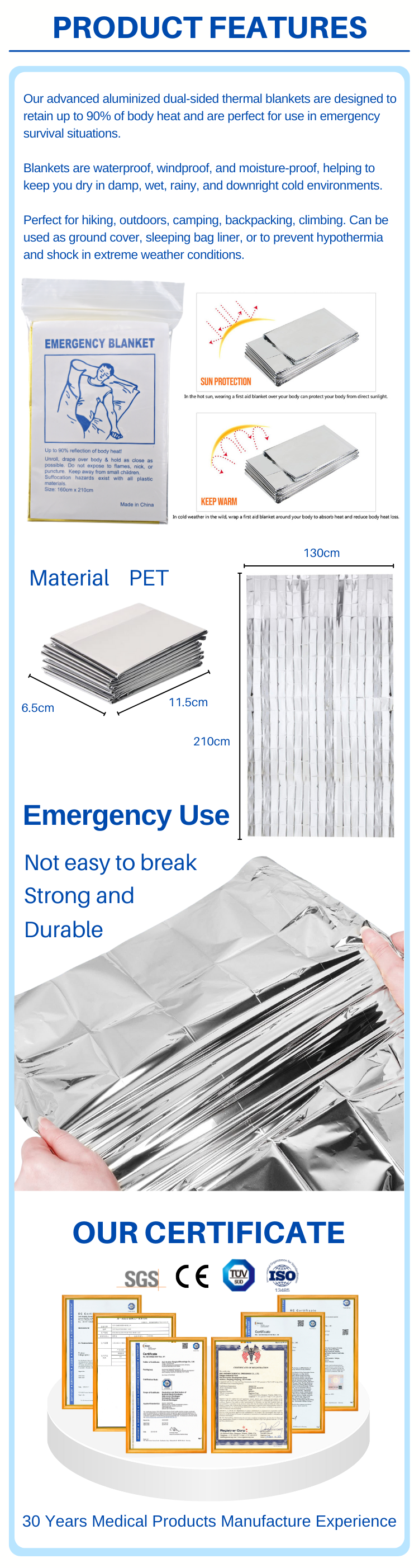 Anthrive 130x210cm Mylar Space Survival Gear First Aid Thermal Emergency Blanket For Outdoors Hiking Survival details