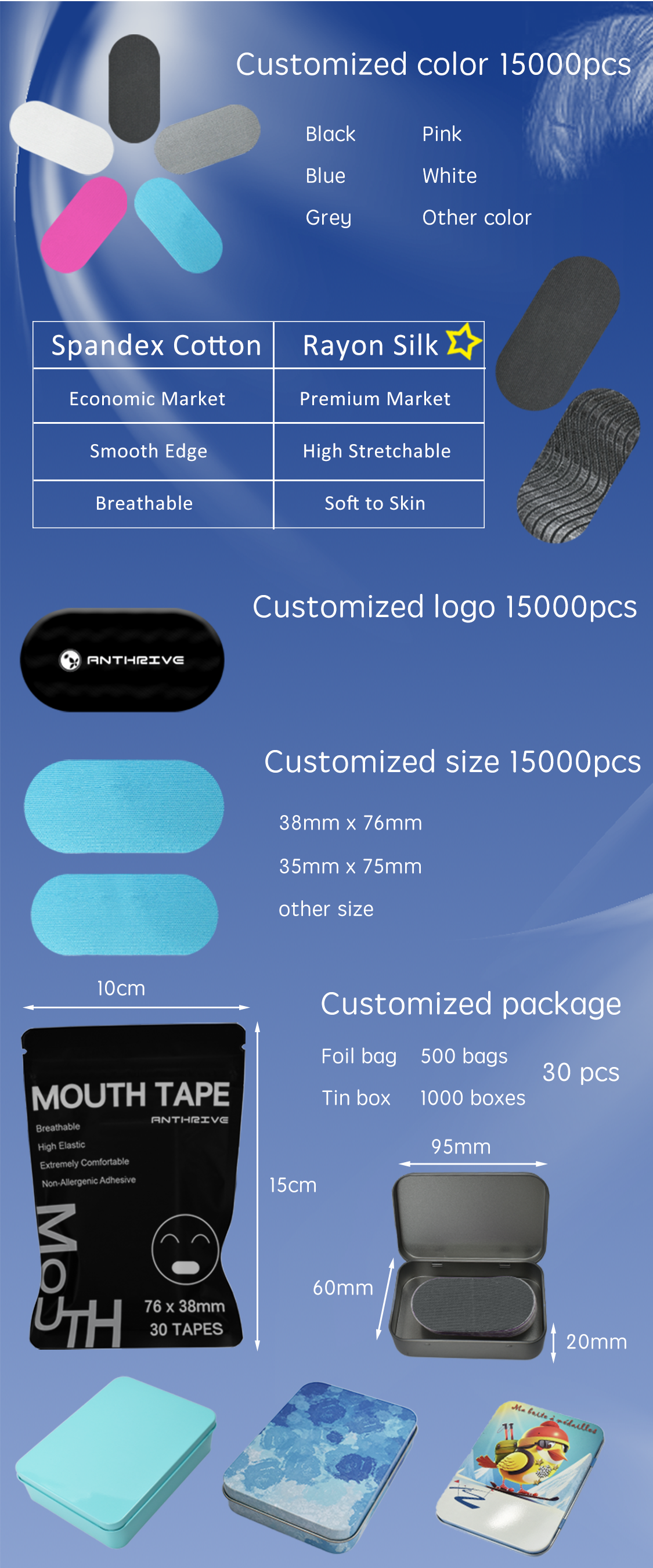 Anthrive Custom Package Private Label Natural Bamboo Silk Sleeping Better Patch Anti Snoring Sleep Tape Mouth Tape for Sleeping supplier
