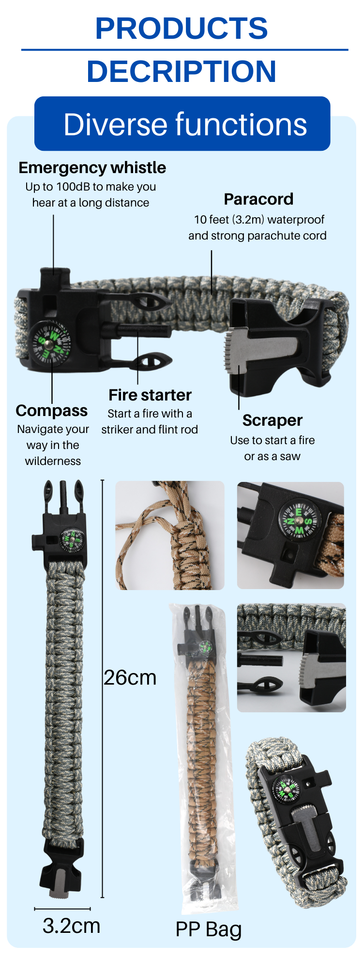 Anthrive Adjustable Paracord Survival Bracelet With Fire Starter Loud Whistle Perfect for Hiking Camping Fishing and Hunting details