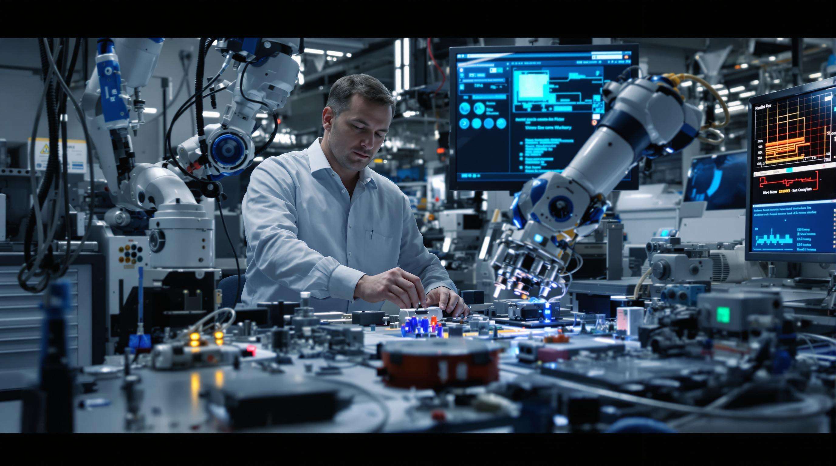 Engineer examining smart micro motors with embedded sensors and AI controllers in a modern workspace