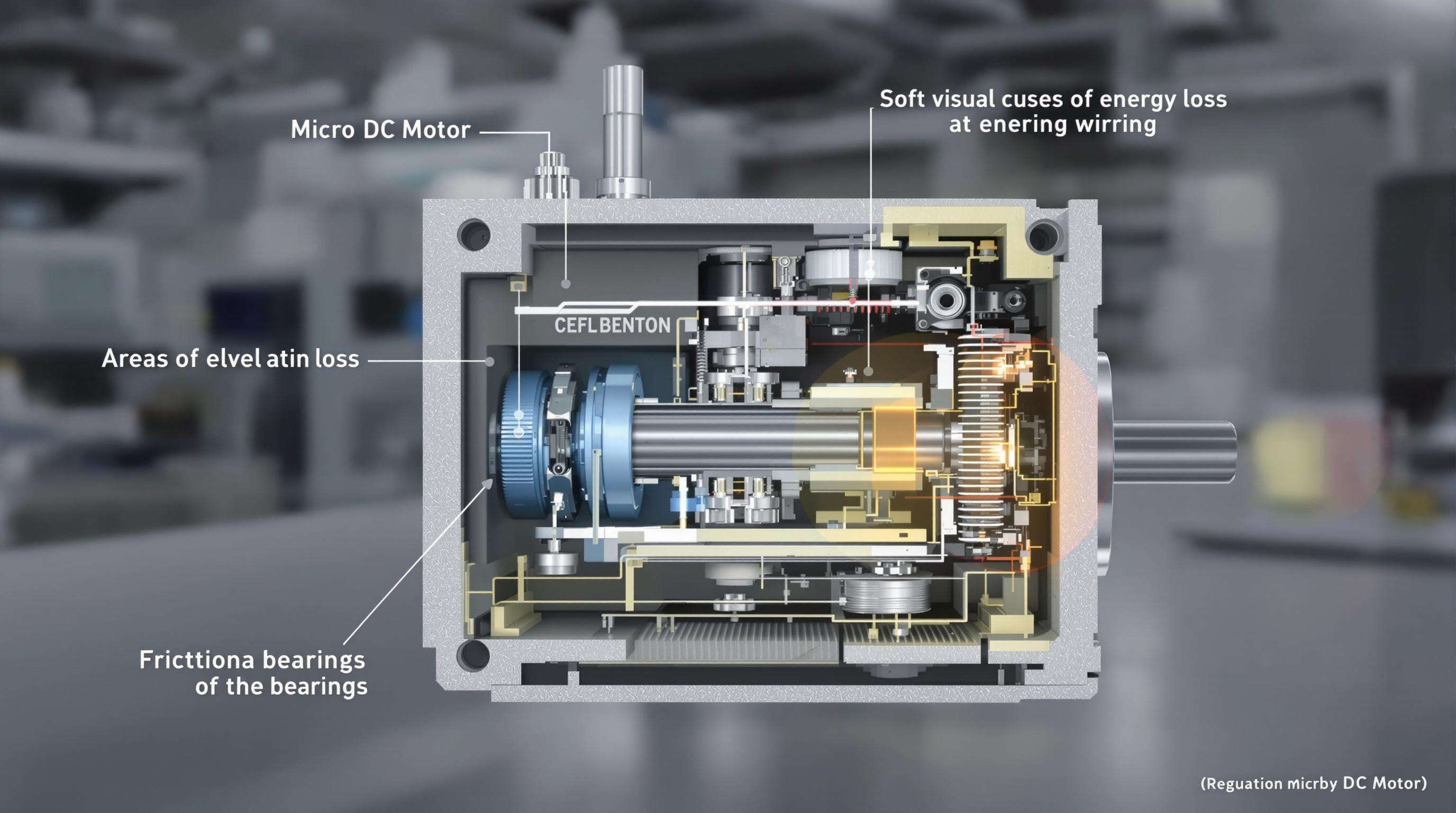 Photorealistic cross-section of a small DC motor highlighting sources of energy loss like winding heat and bearing friction