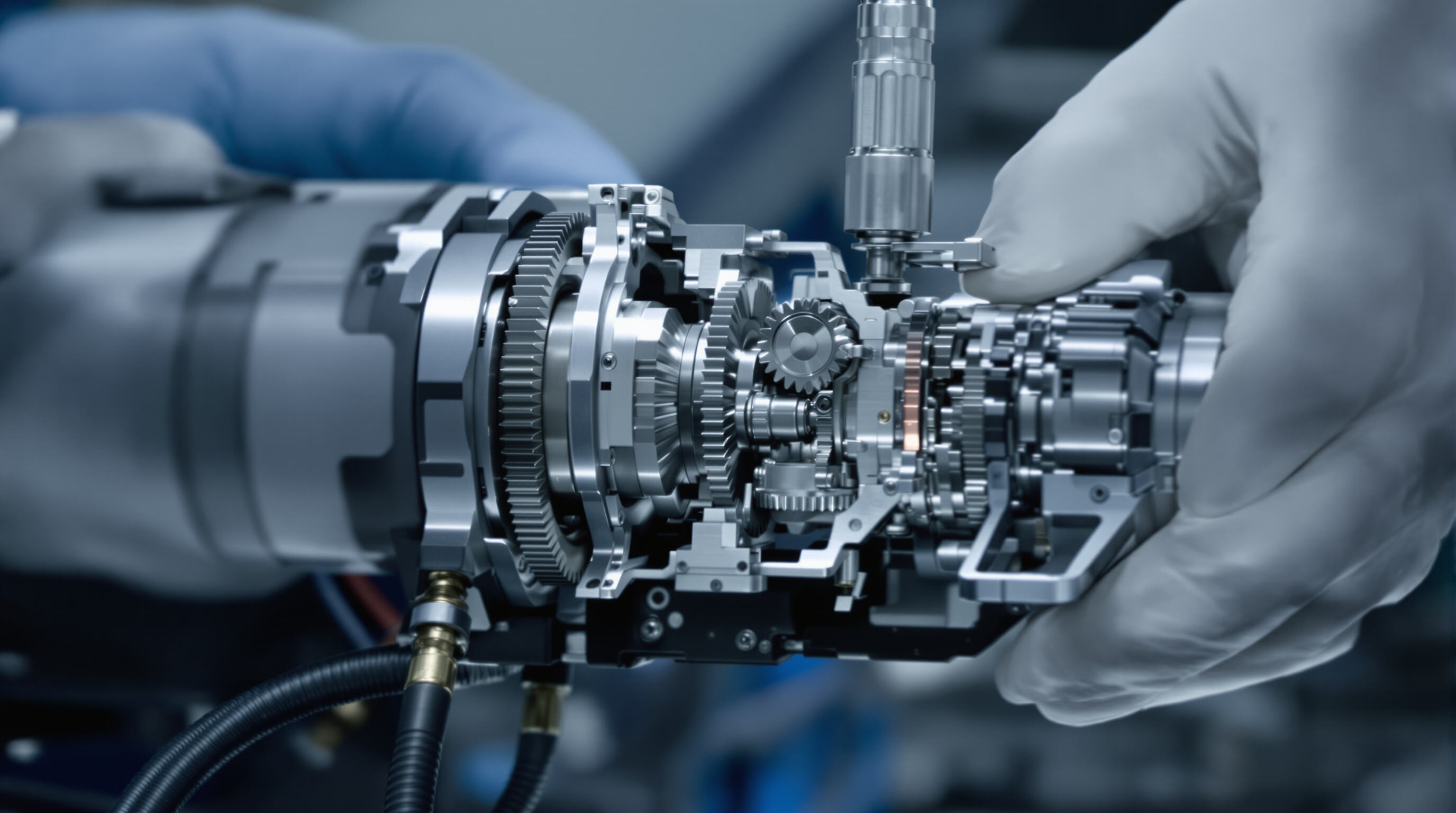 A close-up photo of a technician assembling a micro gear motor in a medical device, showing fine gears and precise components.