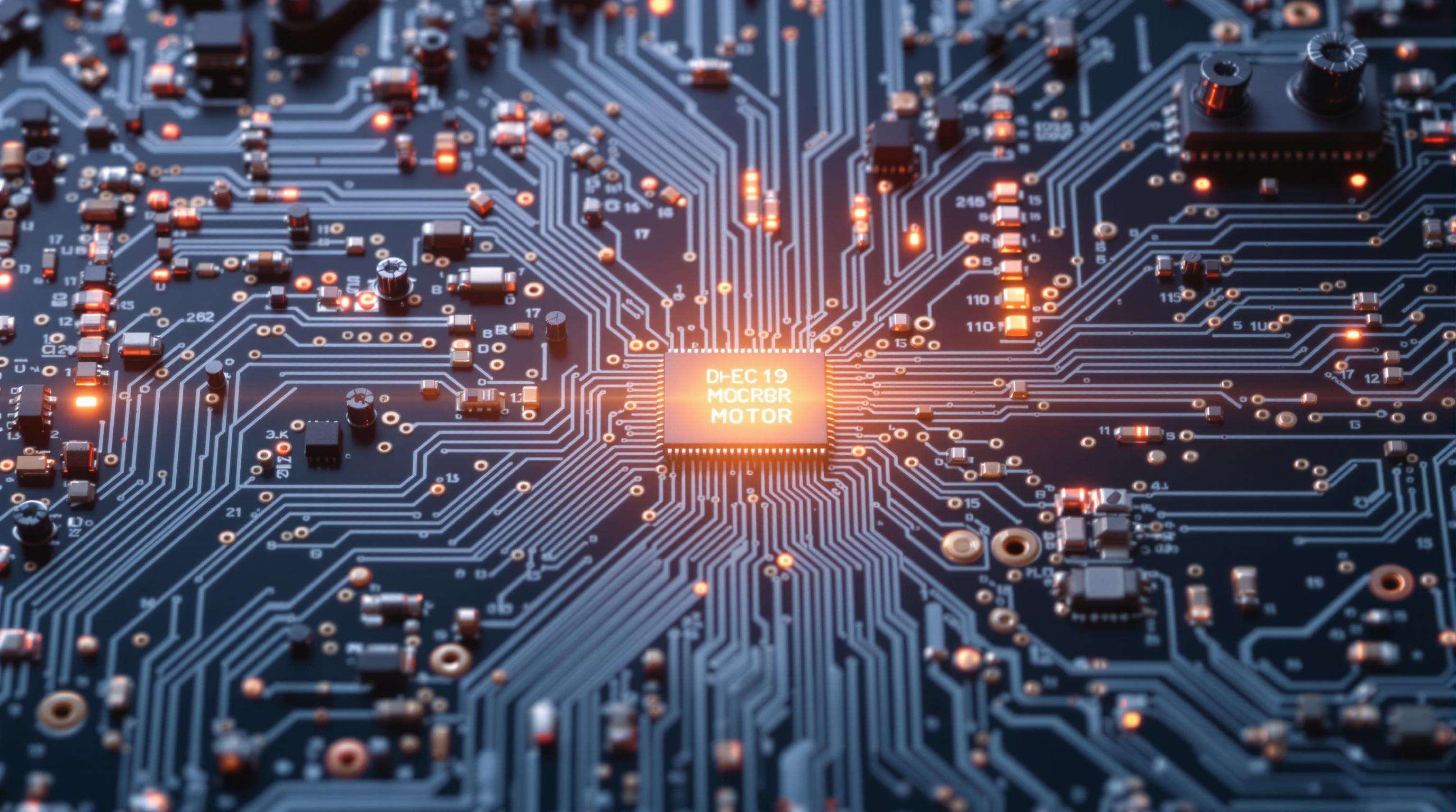 Photorealistic close-up of a PCB with micro DC motor drive circuitry illustrating efficient power management