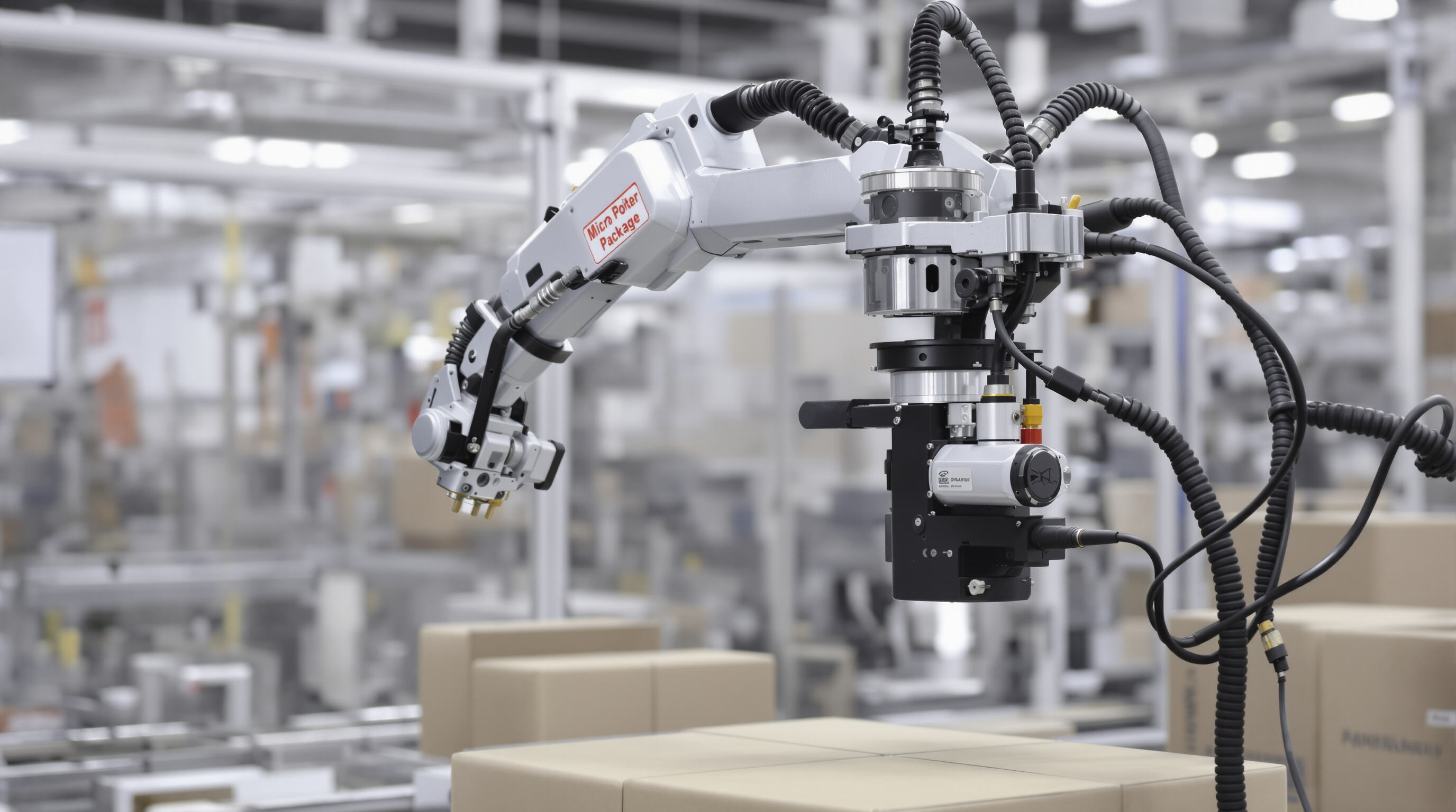 A robotic arm in an automated factory uses a micro gear motor with visible components and sensors in a muted industrial scene.