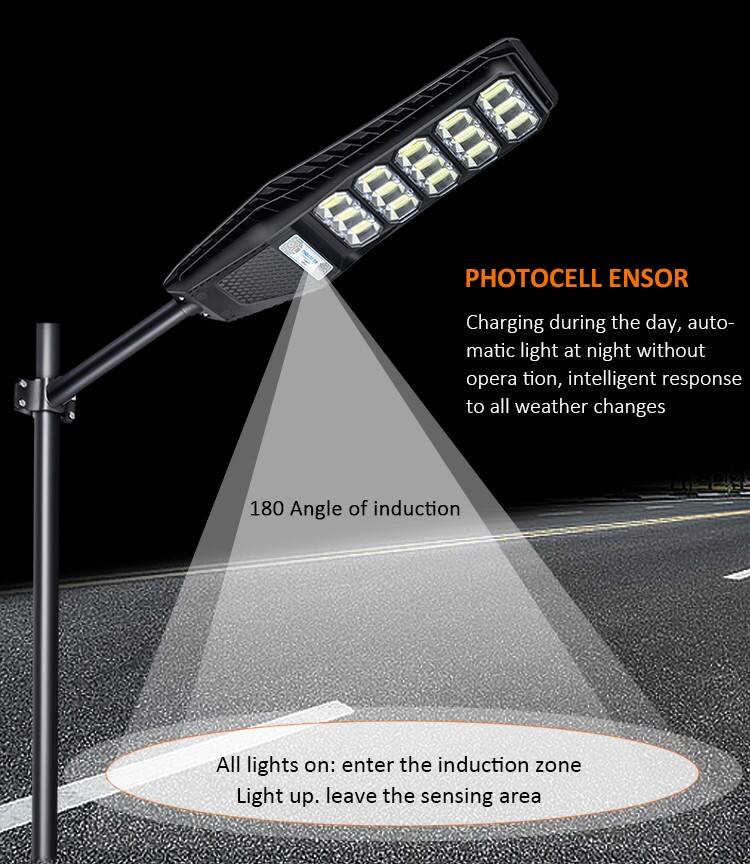 Ucuz 100w 200w 300w güneş enerjili araba yolu ışığı hareket sensörü güneş ışığı detayları