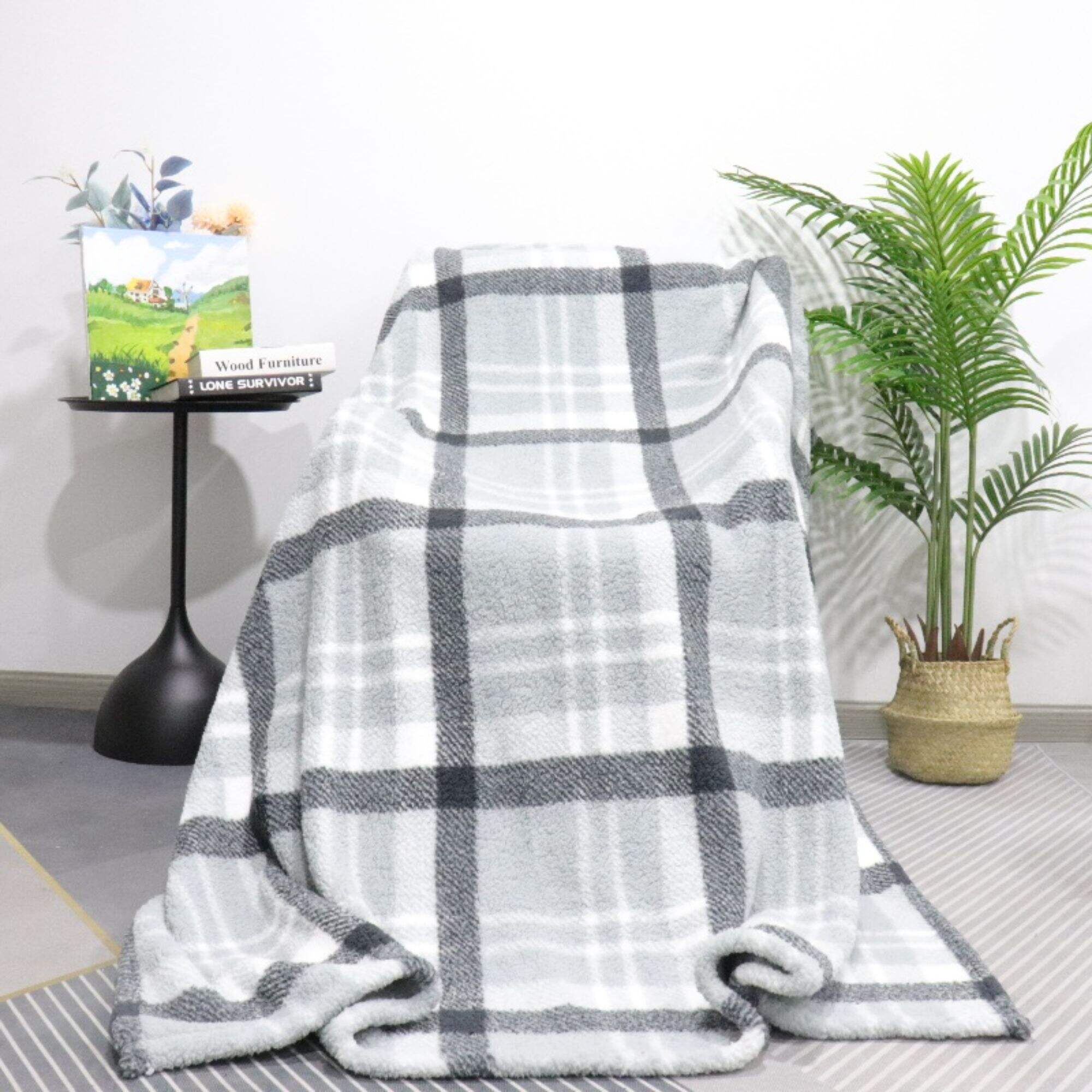 blue checks jacquard double layers blanket-81