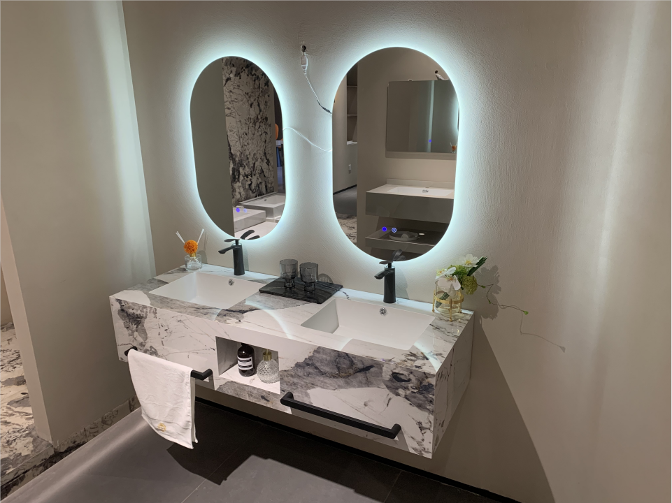 european manufacturer sanitary ware Wall-hung sintered stone white marble basin with towel rack factory