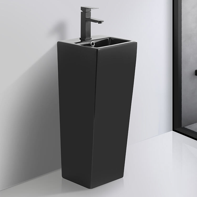 Factory Supplier Independent Glossy Black Free Standing Square Shape Column Pedestal Bathroom basin factory