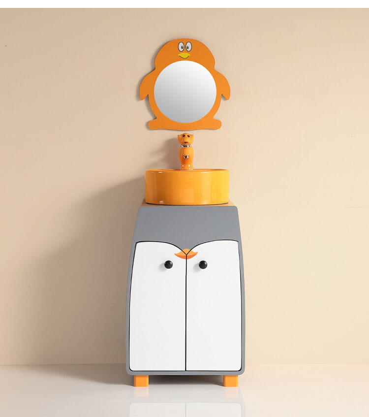 single sink free standing penguin cartoon color bathroom vanity cabinet with mirror details