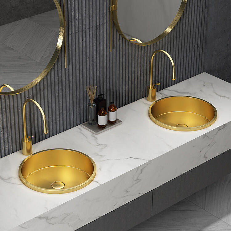 Modern Luxury Stainless Steel Golden Bathroom Sinks SUS304 Semi Counter Sinks Wash Basins for Hotel details