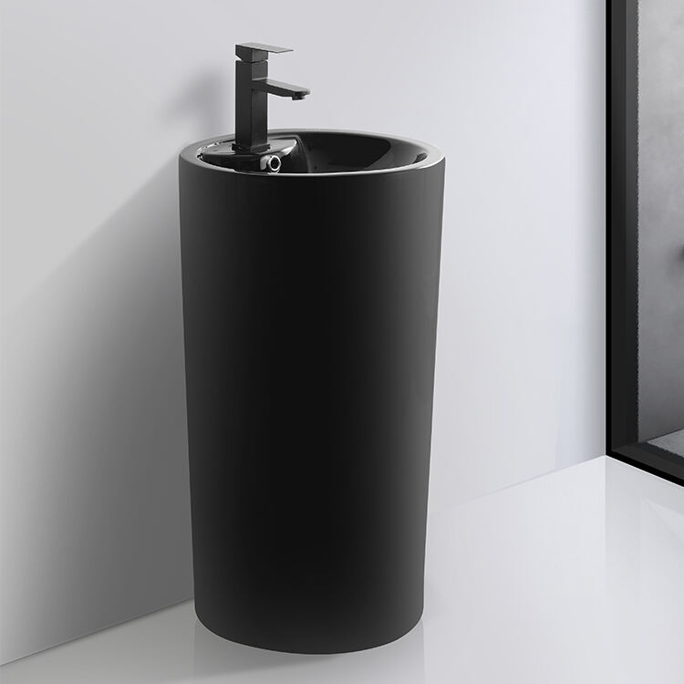 factory Glossy Black Wash Basin  Round Shape lavabo casa de banho Free Standing Ceramic Bathroom Pedestal Basin factory