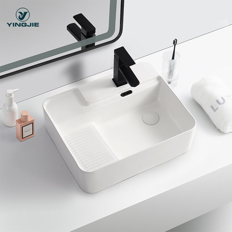 new product elegant rectangular ceramic base contour top hand wash bathroom sink factory