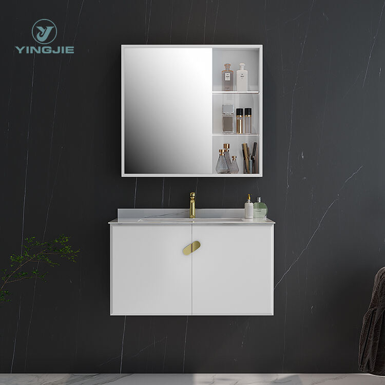 bathroom wall hung cabinet vanity wooden panel with mirror and ceramic basin supplier