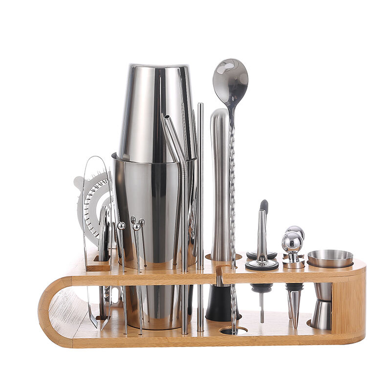 New Design Professional Customized Stainless Steel Cocktail Mixer Set With Wood Stand details