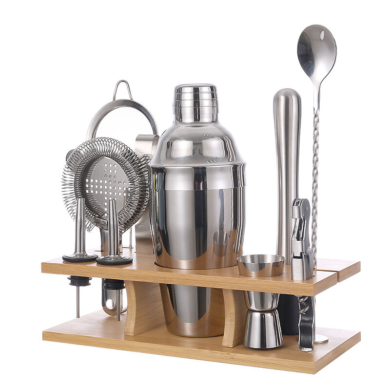 New Product Stainless Steel Cocktail Shaker Bar Tools Set Bartender Kit with Bamboo Stand factory