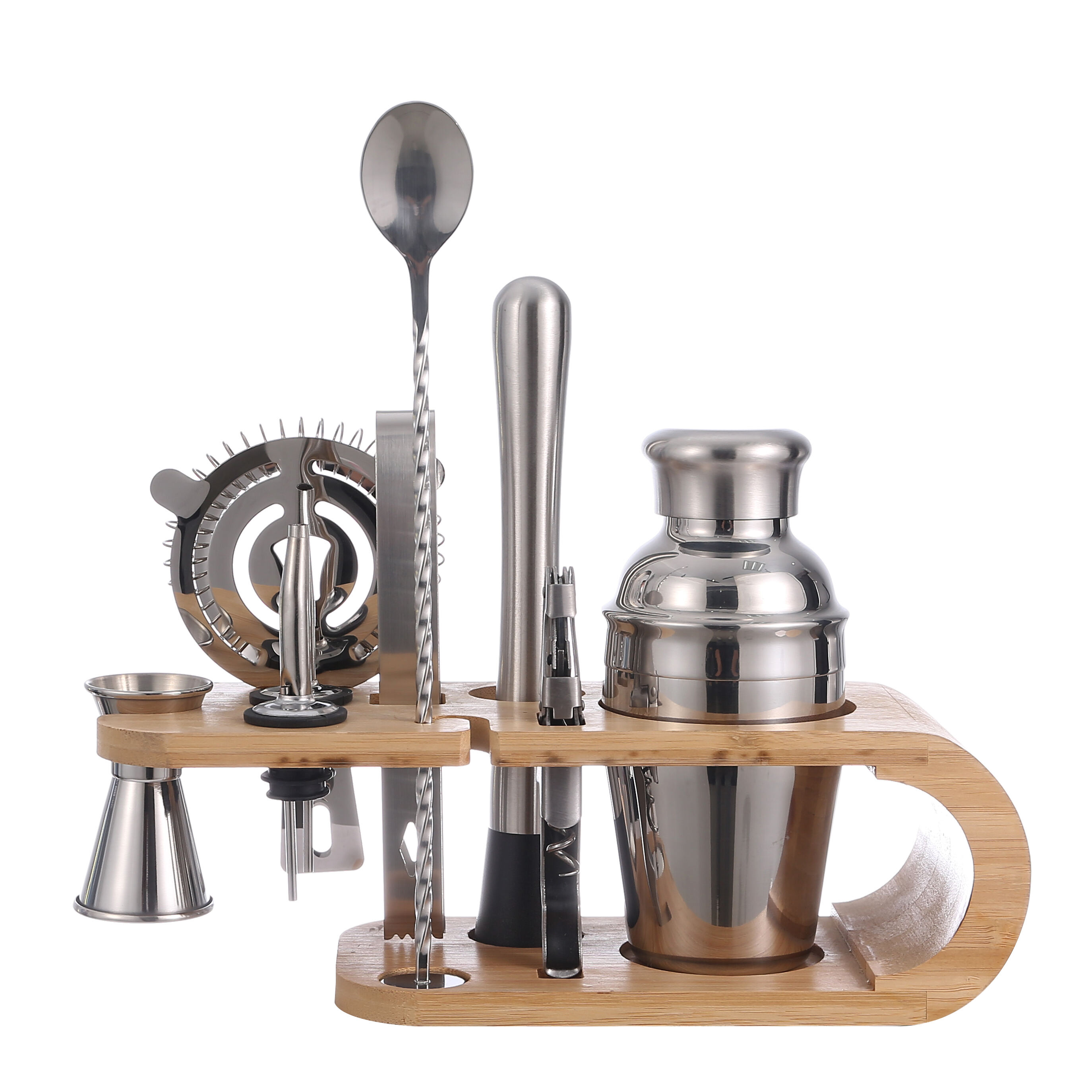 Bartender Kit Accessories Stainless Steel Making Mixer Bottle Cocktail Maker Shaker Kit Bar Set with Bamboo Stand supplier