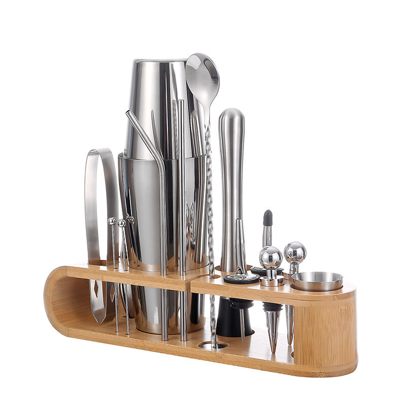 New Design Professional Customized Stainless Steel Cocktail Mixer Set With Wood Stand supplier