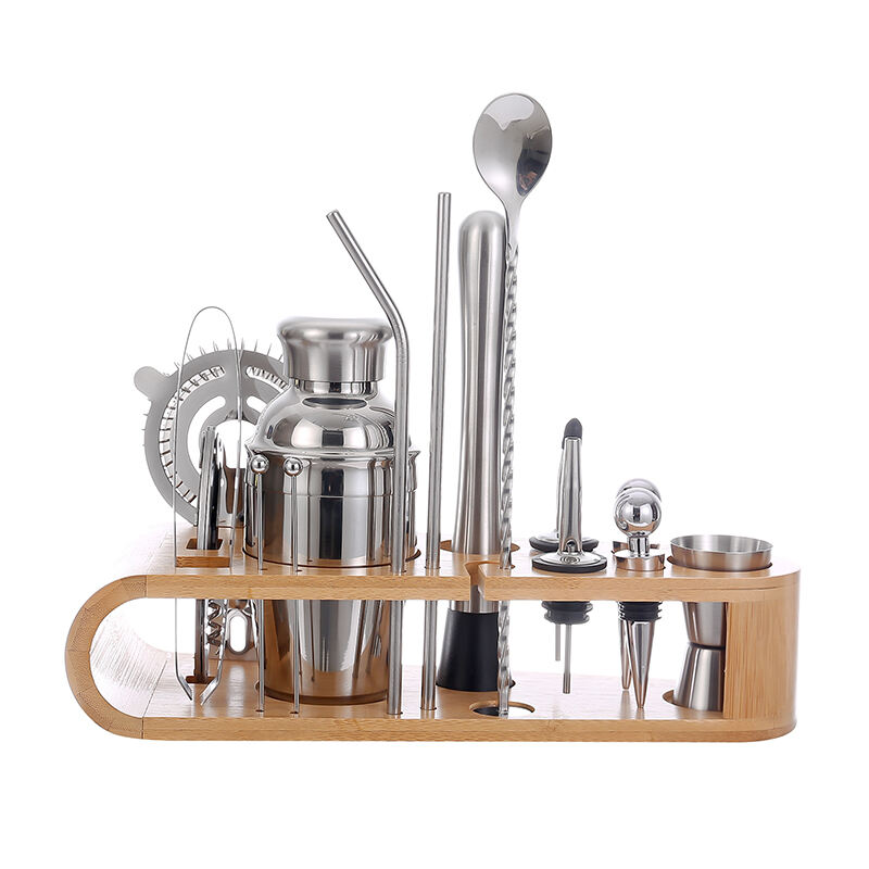 Professional Bar Tools Customized Stainless Steel Cocktail Shaker Mixing Barware Set with Wood Stand details