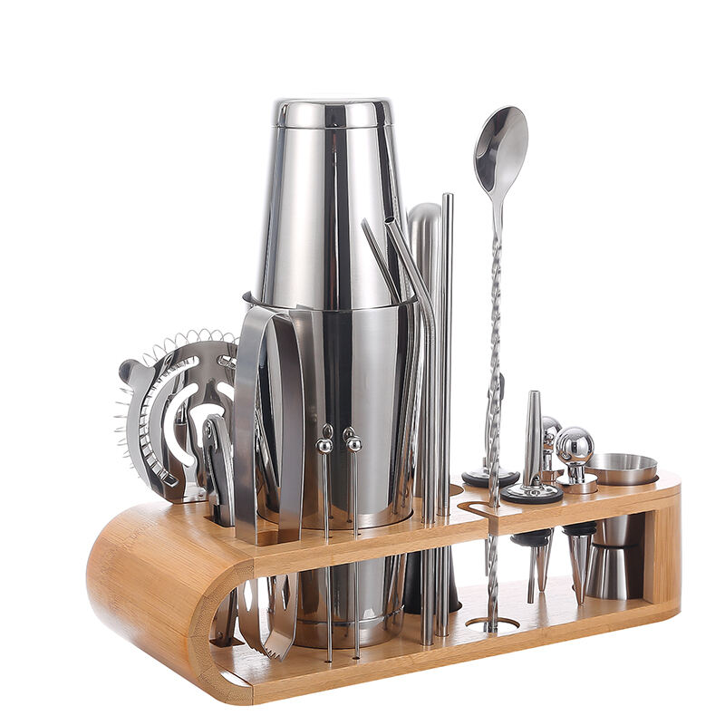 600/700ML cocktail shaker Customized Stainless Steel Bar Tools Kit with Bamboo Stand Mixer Shaker Set supplier