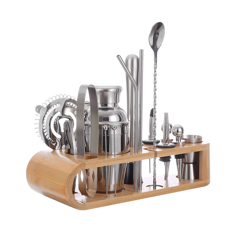 Professional Bar Tools Customized Stainless Steel Cocktail Shaker Mixing Barware Set with Wood Stand manufacture