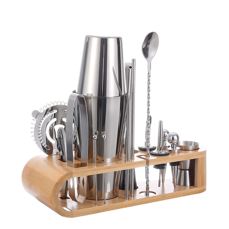 New Design Professional Customized Stainless Steel Cocktail Mixer Set With Wood Stand factory