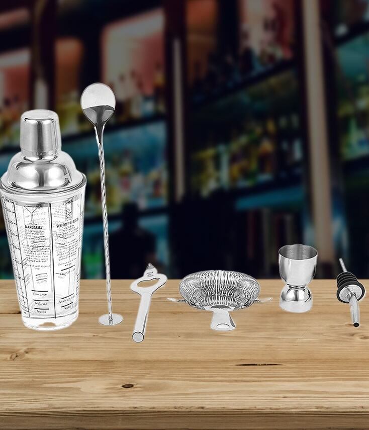 6 Pieces Customize 450ML Stainless Steel and Glass Bar Tool Cocktail Shaker Set details