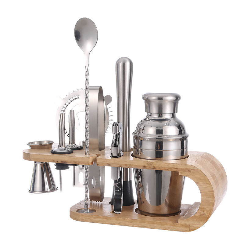 Bartender Kit Accessories Stainless Steel Making Mixer Bottle Cocktail Maker Shaker Kit Bar Set with Bamboo Stand manufacture