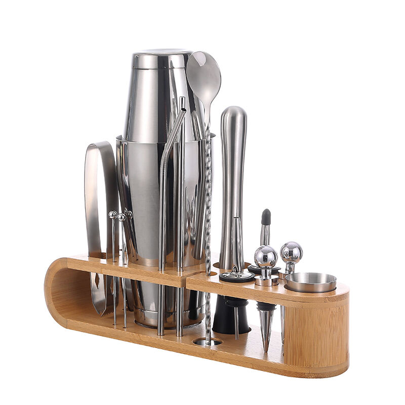 Wholesale Stainless Steel Customized 800/600 ML Cocktail Shaker Set Bartender Kit Tools Set with Stand details