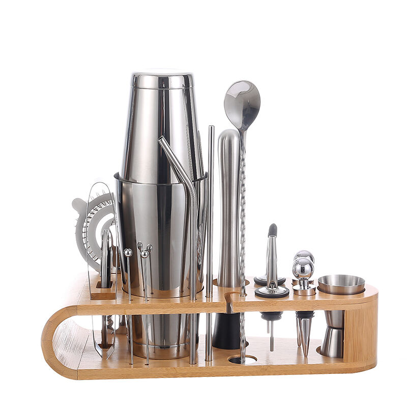 600/700ML cocktail shaker Customized Stainless Steel Bar Tools Kit with Bamboo Stand Mixer Shaker Set manufacture