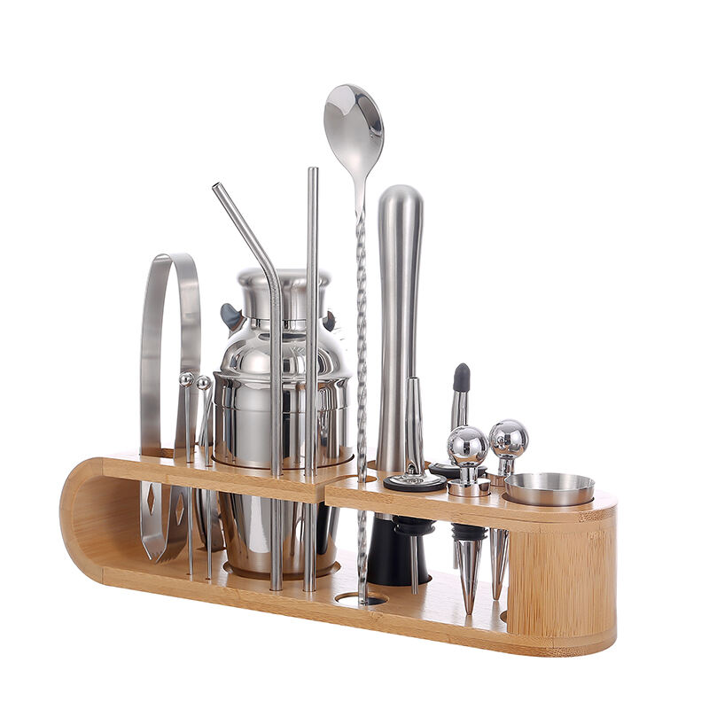 Professional Bar Tools Customized Stainless Steel Cocktail Shaker Mixing Barware Set with Wood Stand supplier