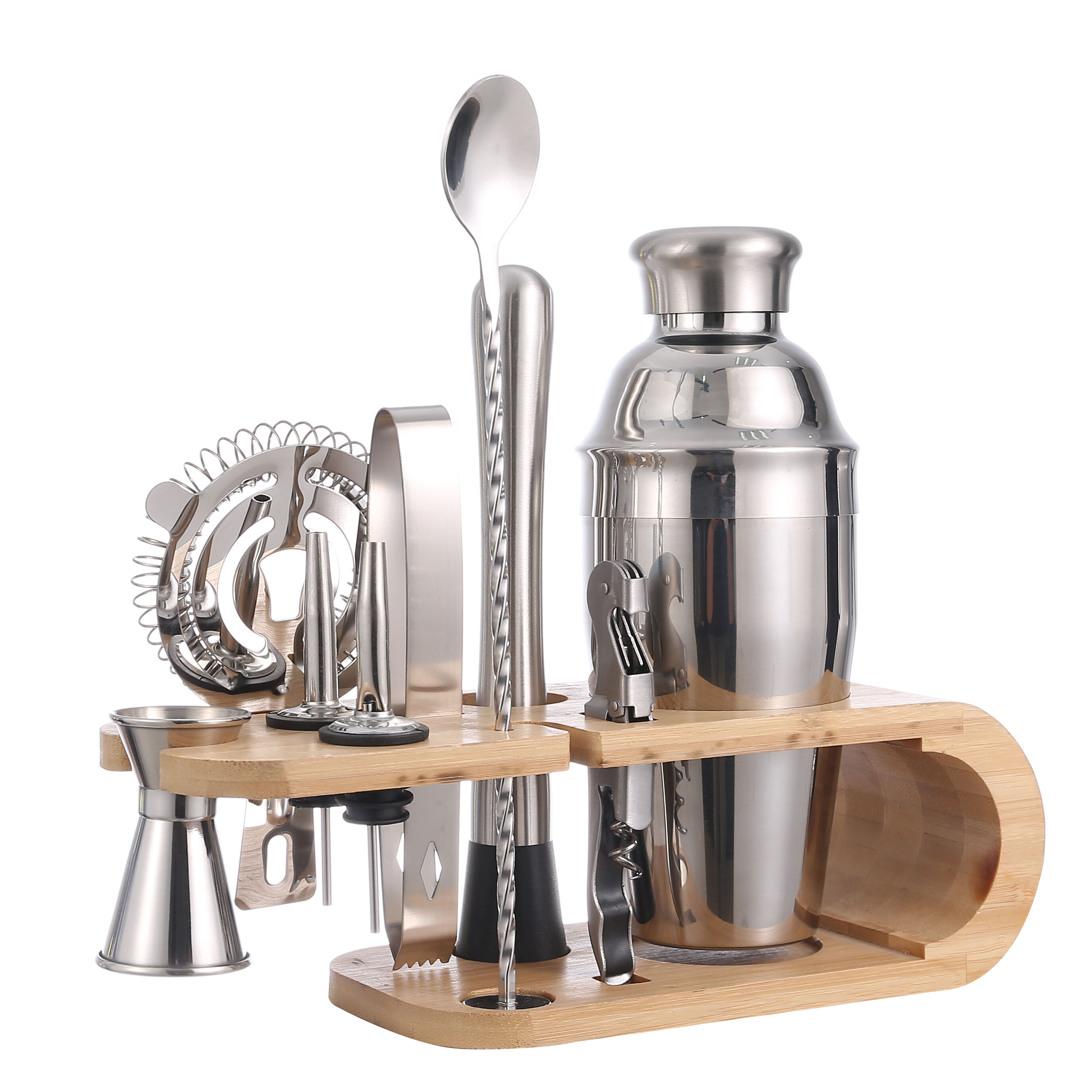 Professional Bar Ware Tools 550ML Stainless Steel Cocktail Shaker Set with Wood Stand supplier