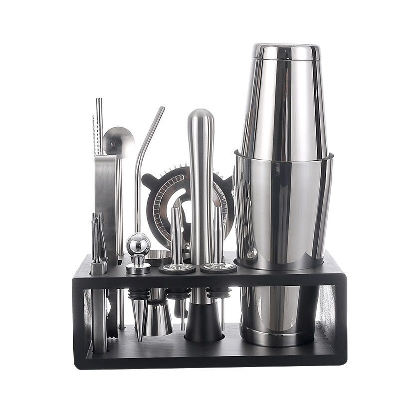 13 Pieces Professional Bartender Kit 800/600 ML Bar Set Stainless Steel Cocktail Shaker Set with Bamboo Base factory