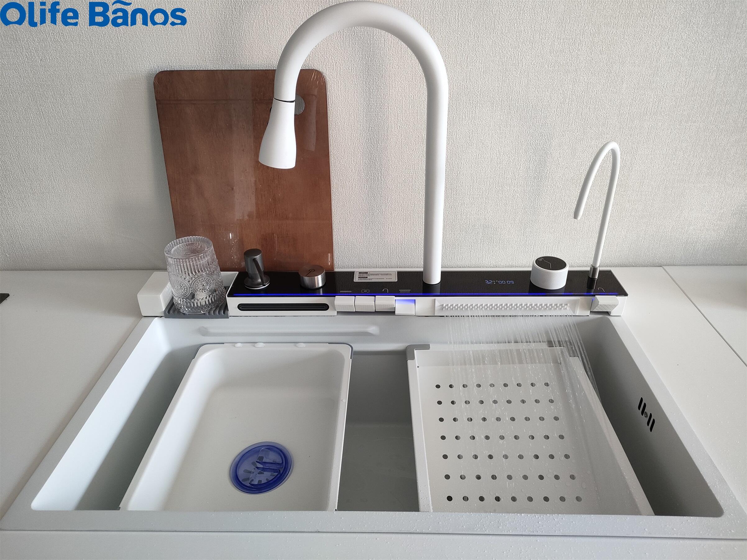 Tiktok New Trend  White One Piece  Piano Key Digital Display Two Waterfall Faucet Kitchen Sinks With  Automatic Cup Washer supplier